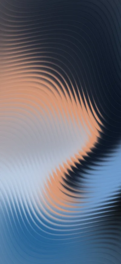 Fine corduroy ripples refract a peach S-curve through slate blue and grey, the texture reading like light through ribbed glass.
