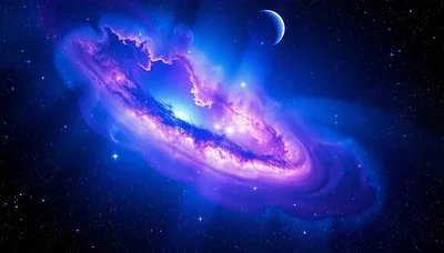 A galaxy blazes blue-white at its centre with pink arms curling around it, a pale moon caught in the upper right corner.