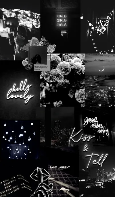 A grid of dark aesthetic clippings — flowers, fairy lights, and handwritten script in white on black.