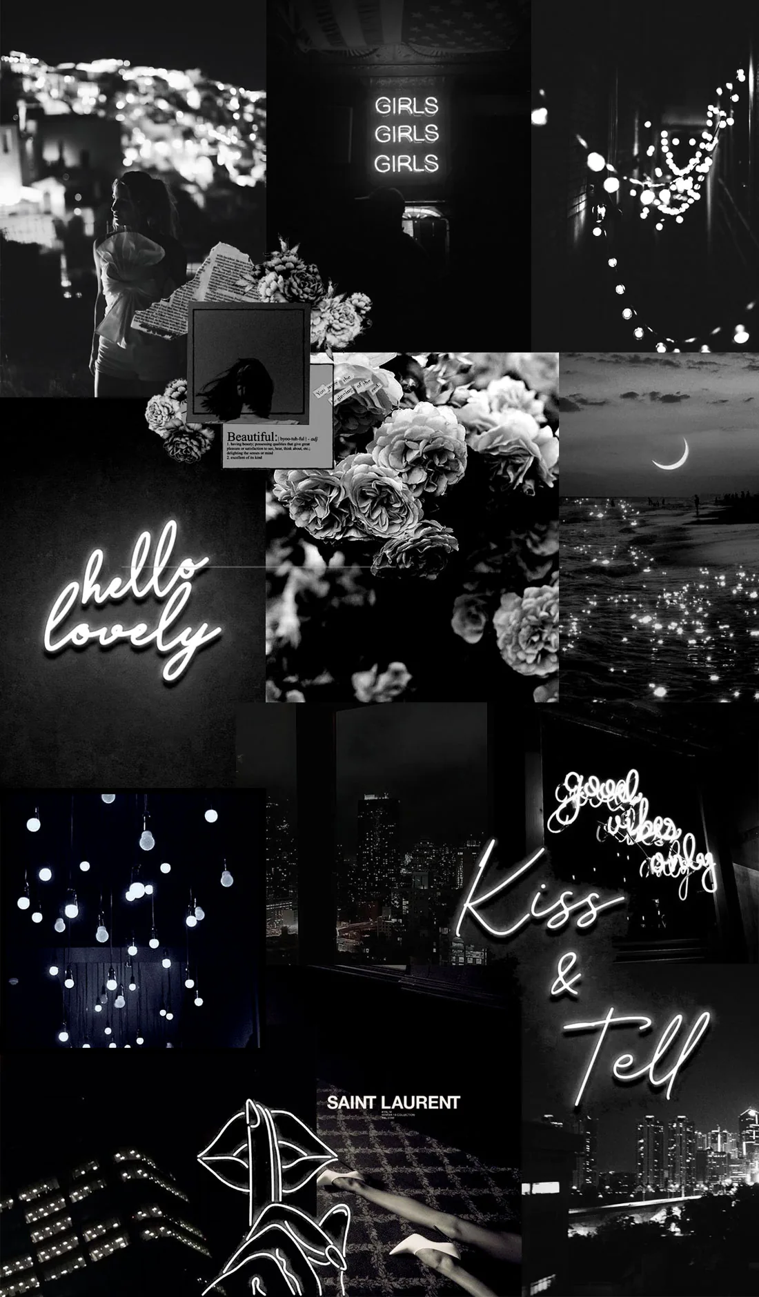 A grid of dark aesthetic clippings — flowers, fairy lights, and handwritten script in white on black.