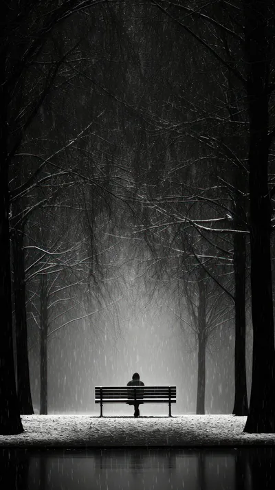 Black and white: one figure sits alone on a park bench as snow falls through bare trees, a streetlight glowing behind.