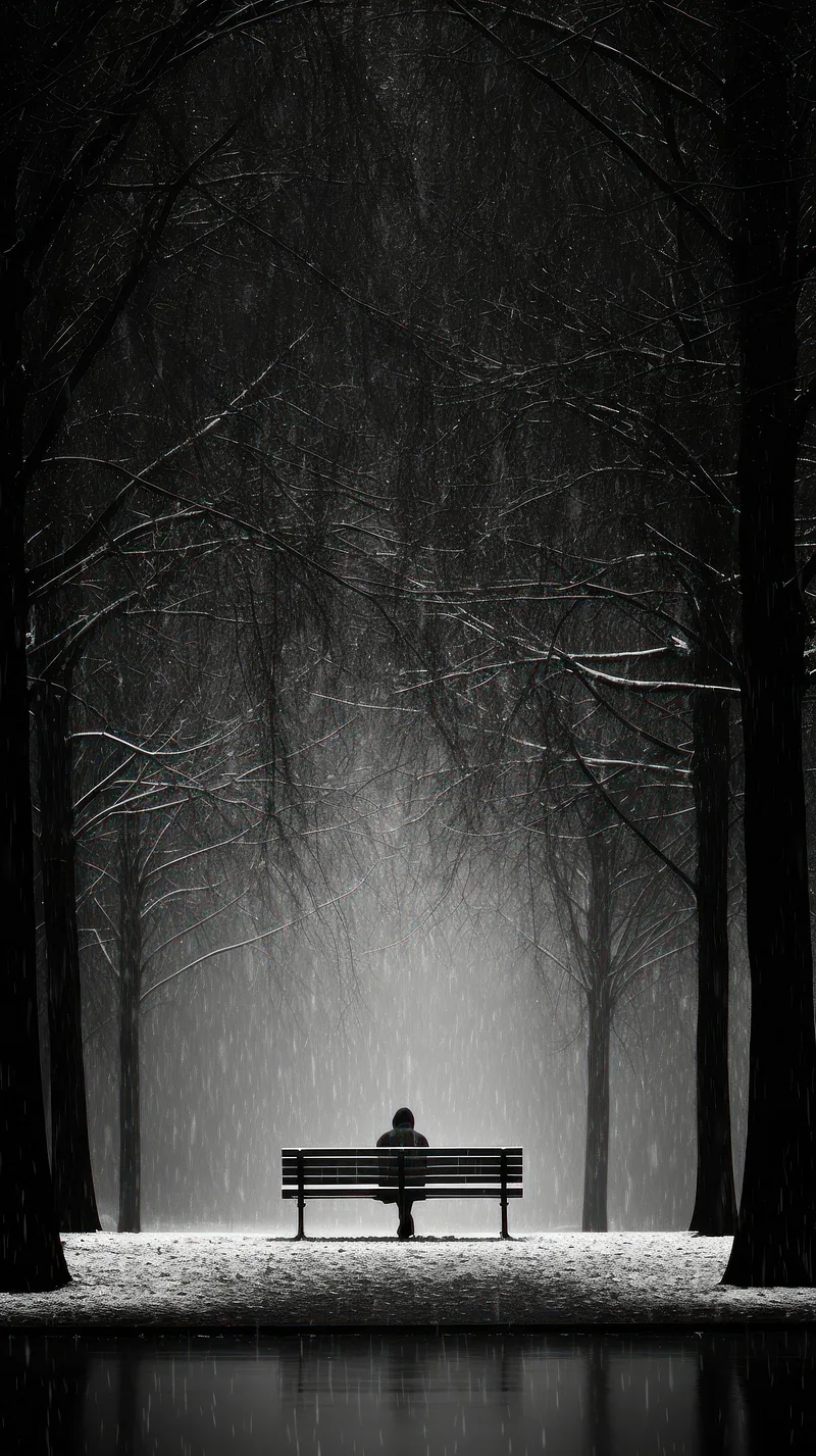 Black and white: one figure sits alone on a park bench as snow falls through bare trees, a streetlight glowing behind.