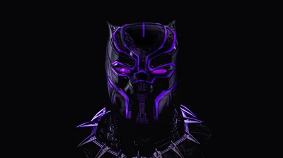 A panther mask outlined in violet light faces forward, its neck plates catching the same glow further down.