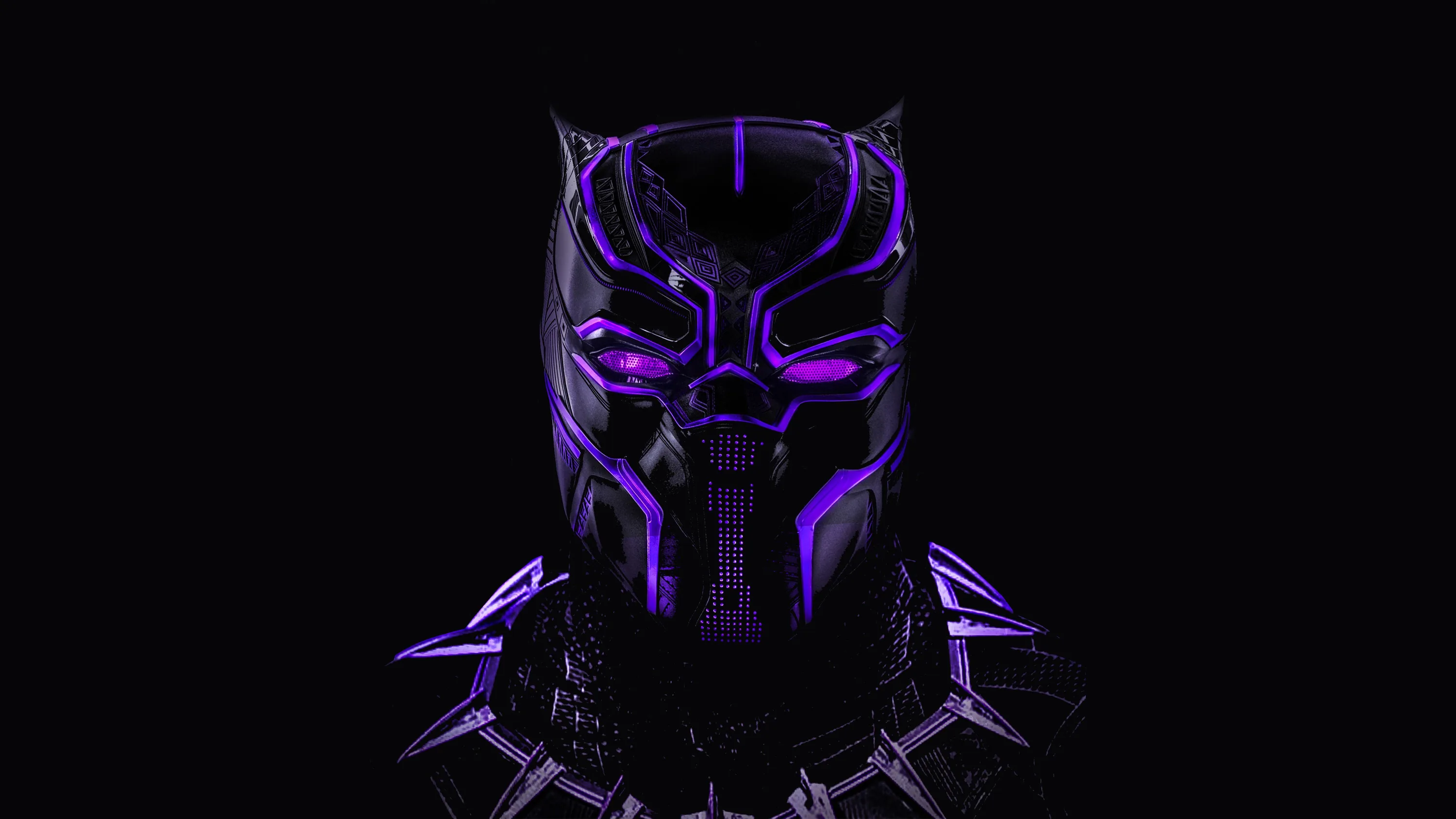 A panther mask outlined in violet light faces forward, its neck plates catching the same glow further down.