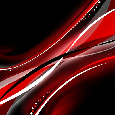 Curving glossy ribbons in red, white and black flow corner to corner in a square crop, with dotted accents along the thinner lines.