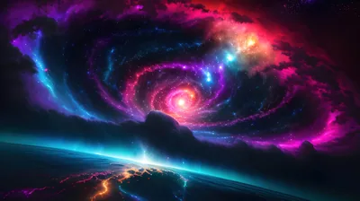 A whirlpool of magenta and cyan gas turns overhead while a planet's curved edge glows cyan along the bottom of the frame.