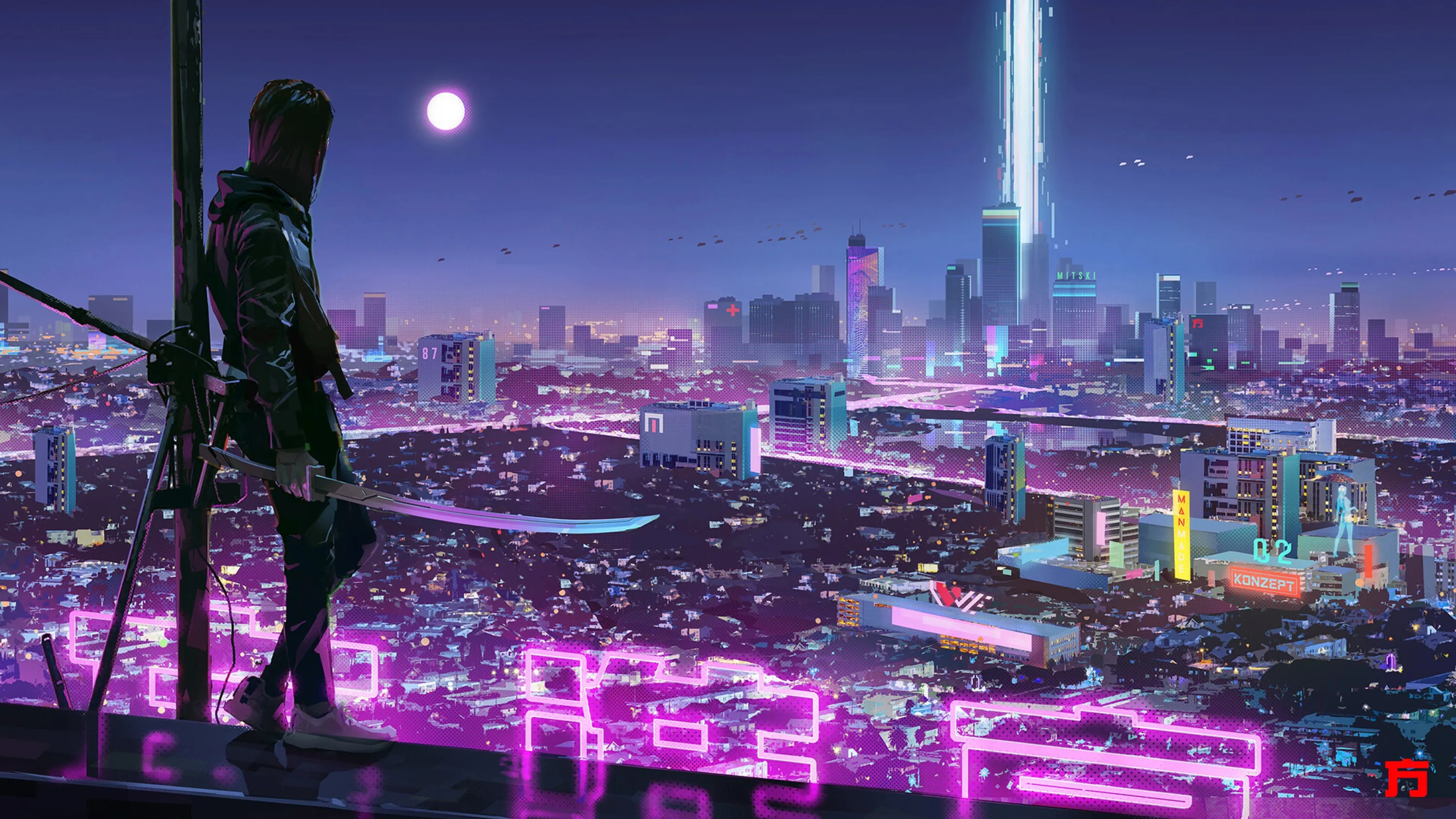 A swordsman pauses on a rooftop ledge at the far left, leaving the whole right half of the moonlit purple skyline free for widgets.