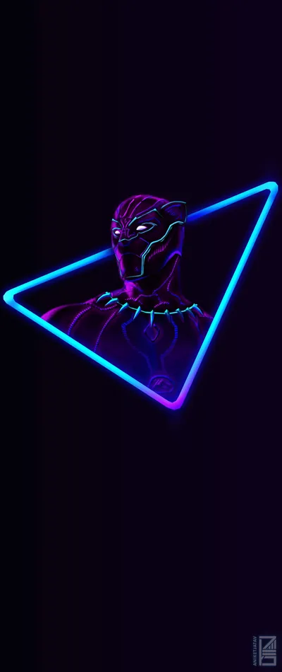 A masked panther figure stands framed by a blue and violet triangle outline, the suit picked out in cool highlights against a black phone screen.