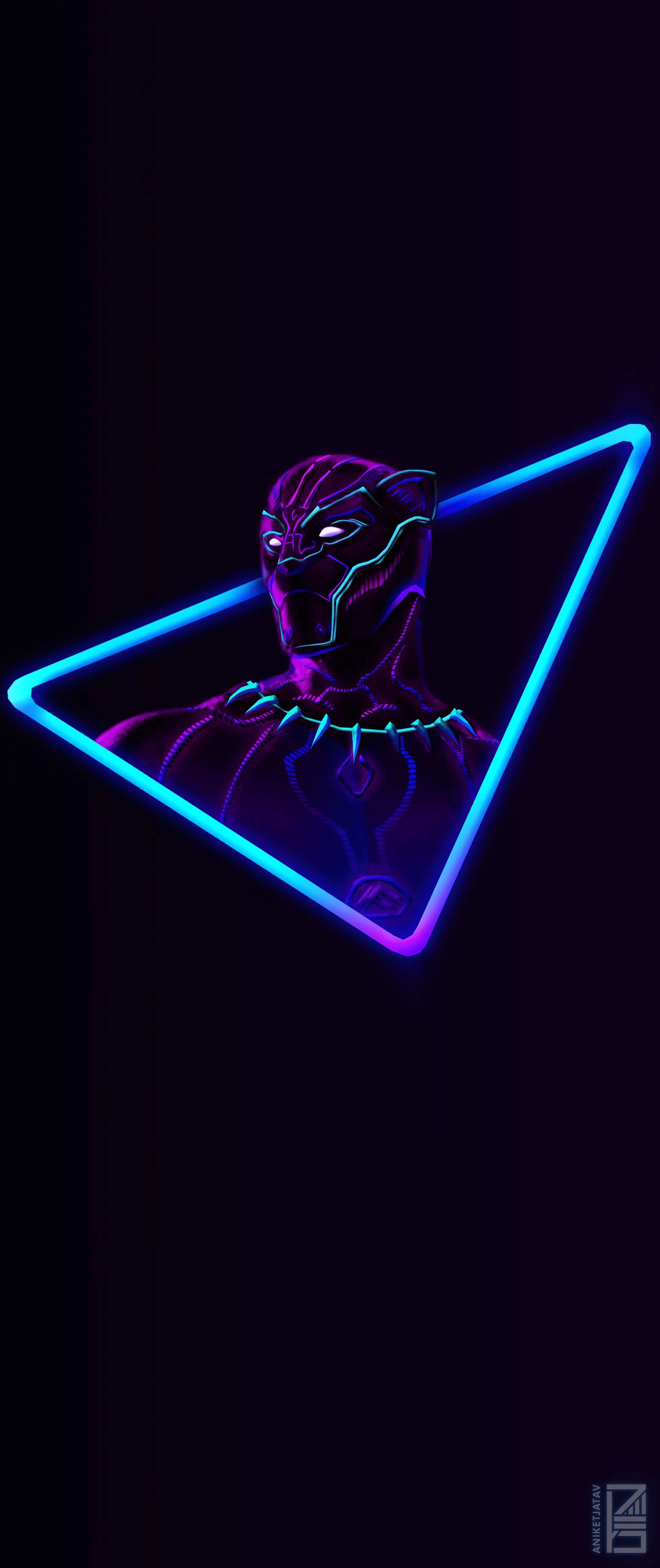 A masked panther figure stands framed by a blue and violet triangle outline, the suit picked out in cool highlights against a black phone screen.