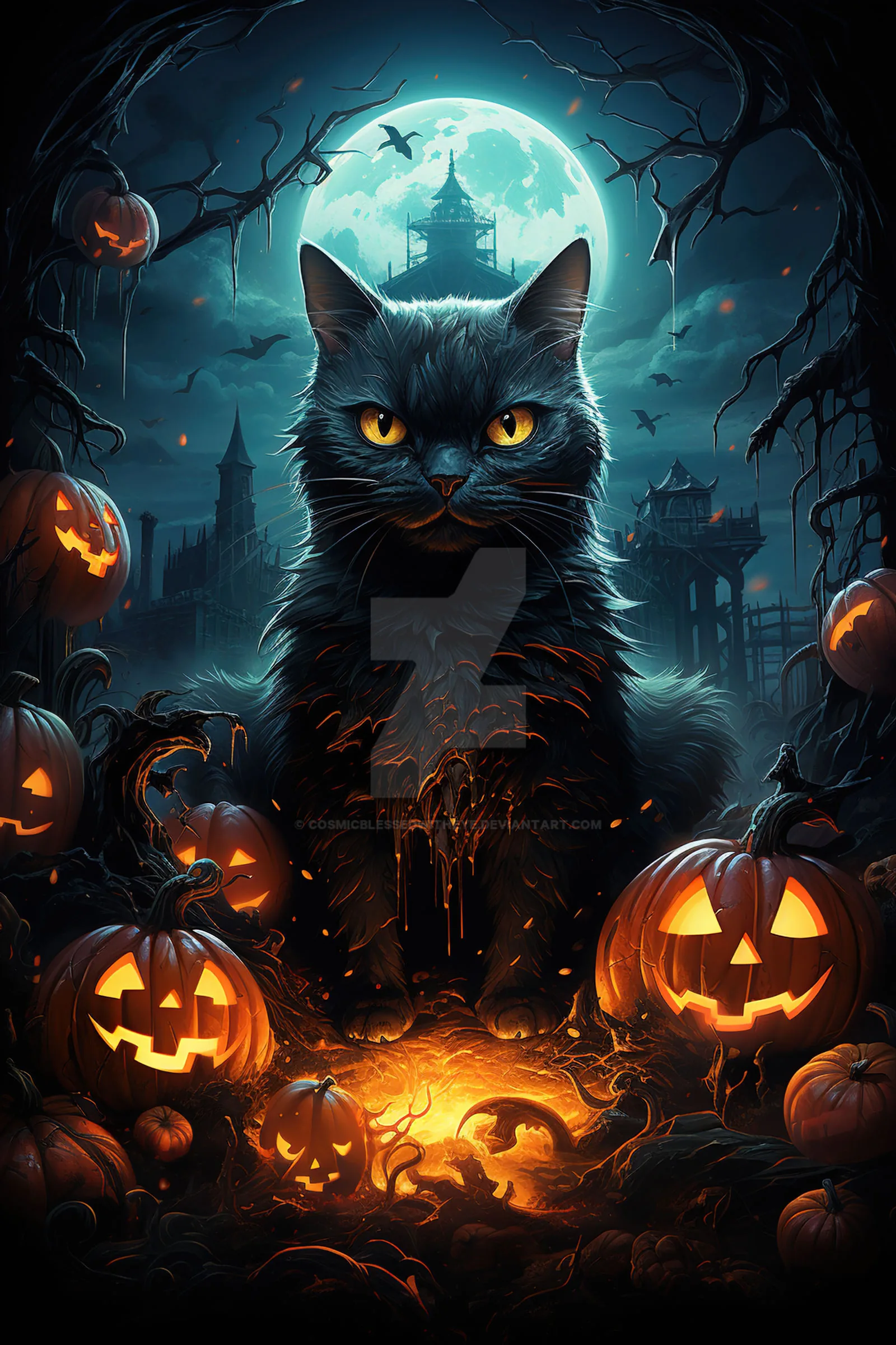 An illustrated poster with a yellow-eyed cat centred against a full moon, a haunted house behind and a pile of lit pumpkins burning at its feet.