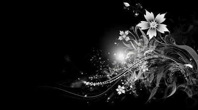 White petals, curls and scattered sparks stream diagonally from a bright point on the right, the left half of the frame kept clear and black.