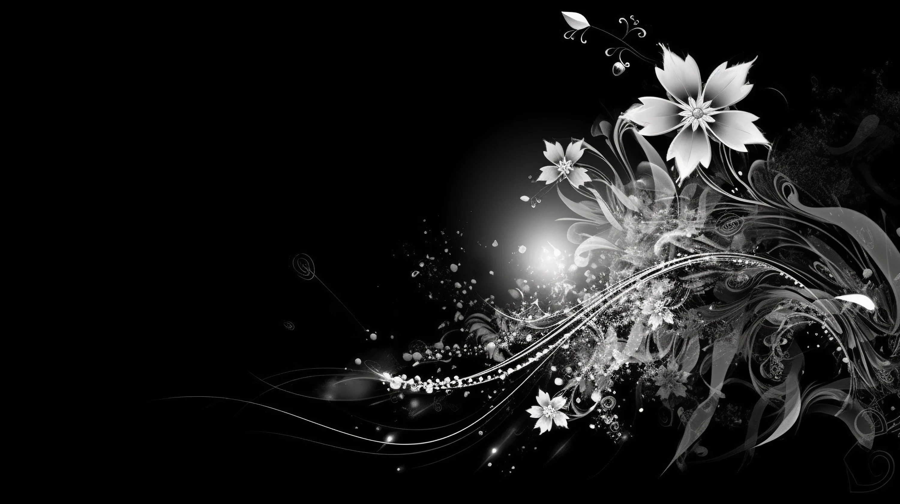White petals, curls and scattered sparks stream diagonally from a bright point on the right, the left half of the frame kept clear and black.