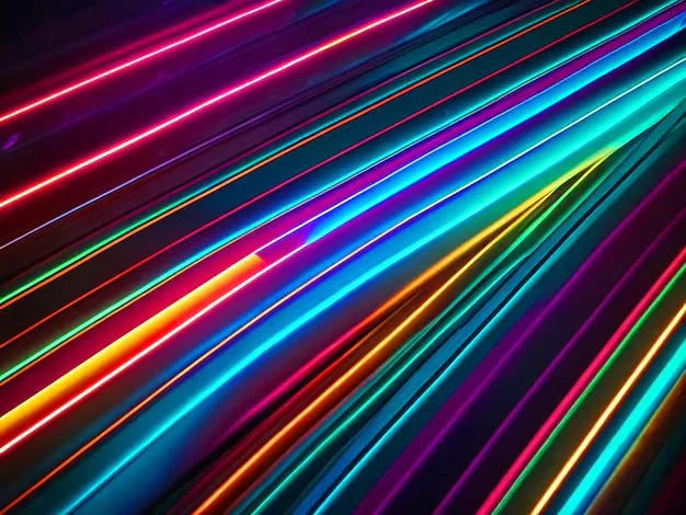 Close-up of light strips running corner to corner, the colour shifting from magenta through blue to green along each one, with black seams between.