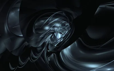 Polished dark surfaces fold in on themselves around a bright glassy knot at centre, highlights running blue-grey along every ridge.