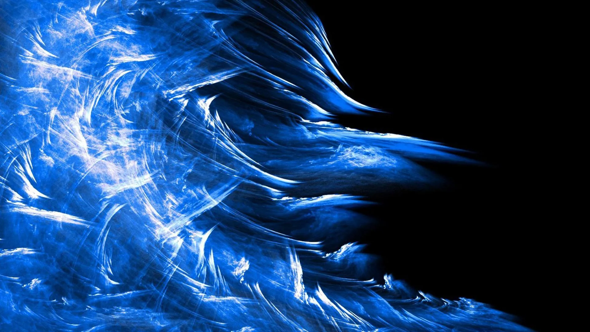 Layered fractal plumes sweep in from the left like feathers, the tips curling over and dissolving into the black right half of the frame.