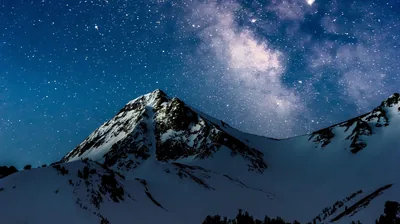 The galactic core rises to the right of a snow-covered summit, and the deep blue star field keeps lock-screen text easy to read.