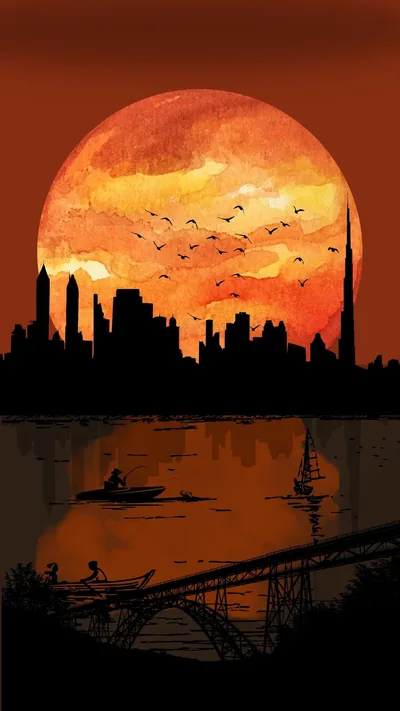 A digital painting of a blood-orange moon rising huge behind a silhouetted skyline, birds crossing its face and a rower on the river below.