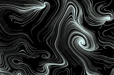 Streams of tiny white dots curl into whirlpools across black, tight at the two vortices on the right and loosening as they run left.