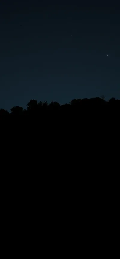 A black ridge of trees cuts across the lower frame under a deep blue sky, one star bright above the horizon.
