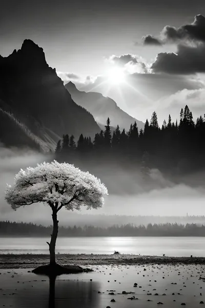 A single flowering tree stands on a spit of shoreline as the sun breaks over the mountains behind it, its reflection stretching forward.
