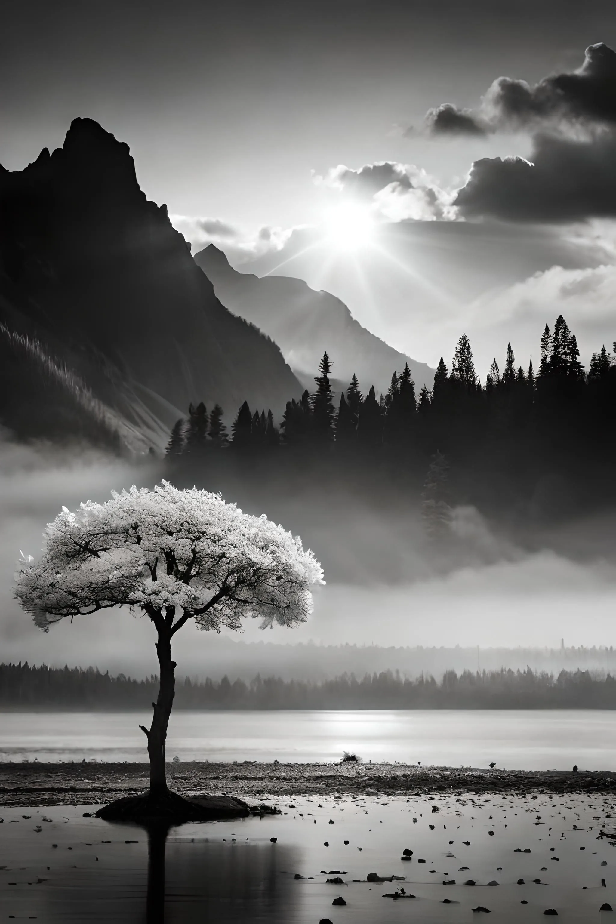 A single flowering tree stands on a spit of shoreline as the sun breaks over the mountains behind it, its reflection stretching forward.