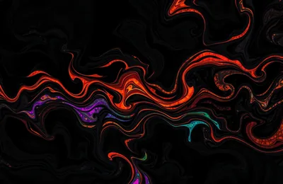 Swirling ribbons of red, purple and teal fold through each other like poured paint, the top corners left in deep black.
