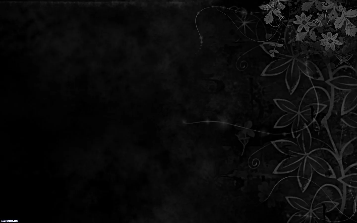 Chalk-white flowers and vines climb the right edge over drifting smoke, leaving the left two thirds as open black.
