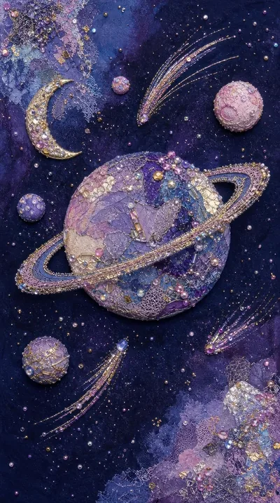 A hand-painted ringed planet covered in gold glitter floats among pink moons, a crescent and shooting stars on a purple watercolour background.