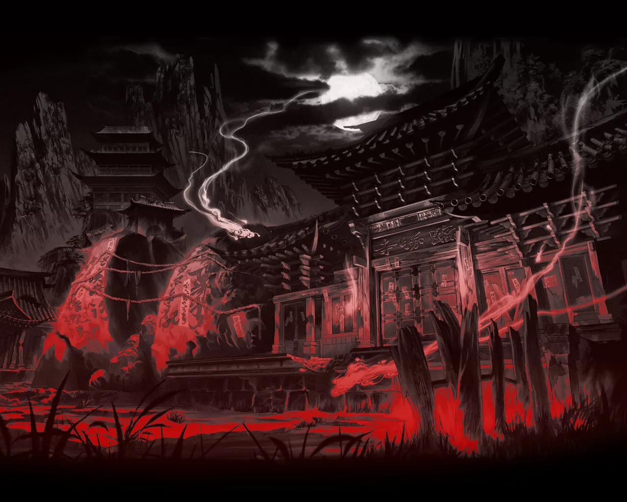 Lightning forks over a ruined temple gate as red light floods the ground below, the sky's corners staying black around the clouded moon.