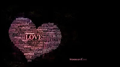 Hundreds of small pink words such as truth, forever and affection pack together into a heart shape, the word love largest at the centre.