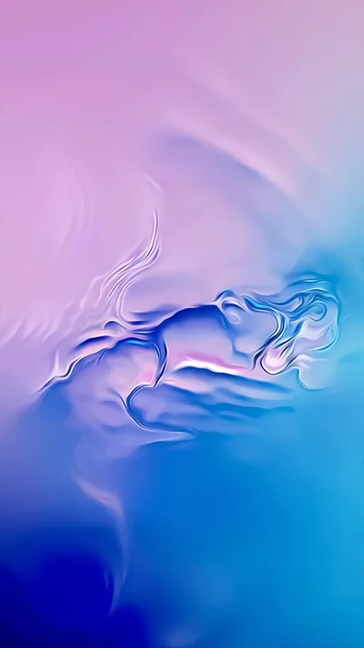 Pale pink melts into powder blue in slow liquid ripples, the sharpest folds gathered just below centre, light enough overall that a white lock-screen clock loses contrast.