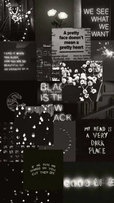 Typed phrases and small monochrome photos stack down the tall frame, strings of tiny bulbs glowing through the gaps between them.