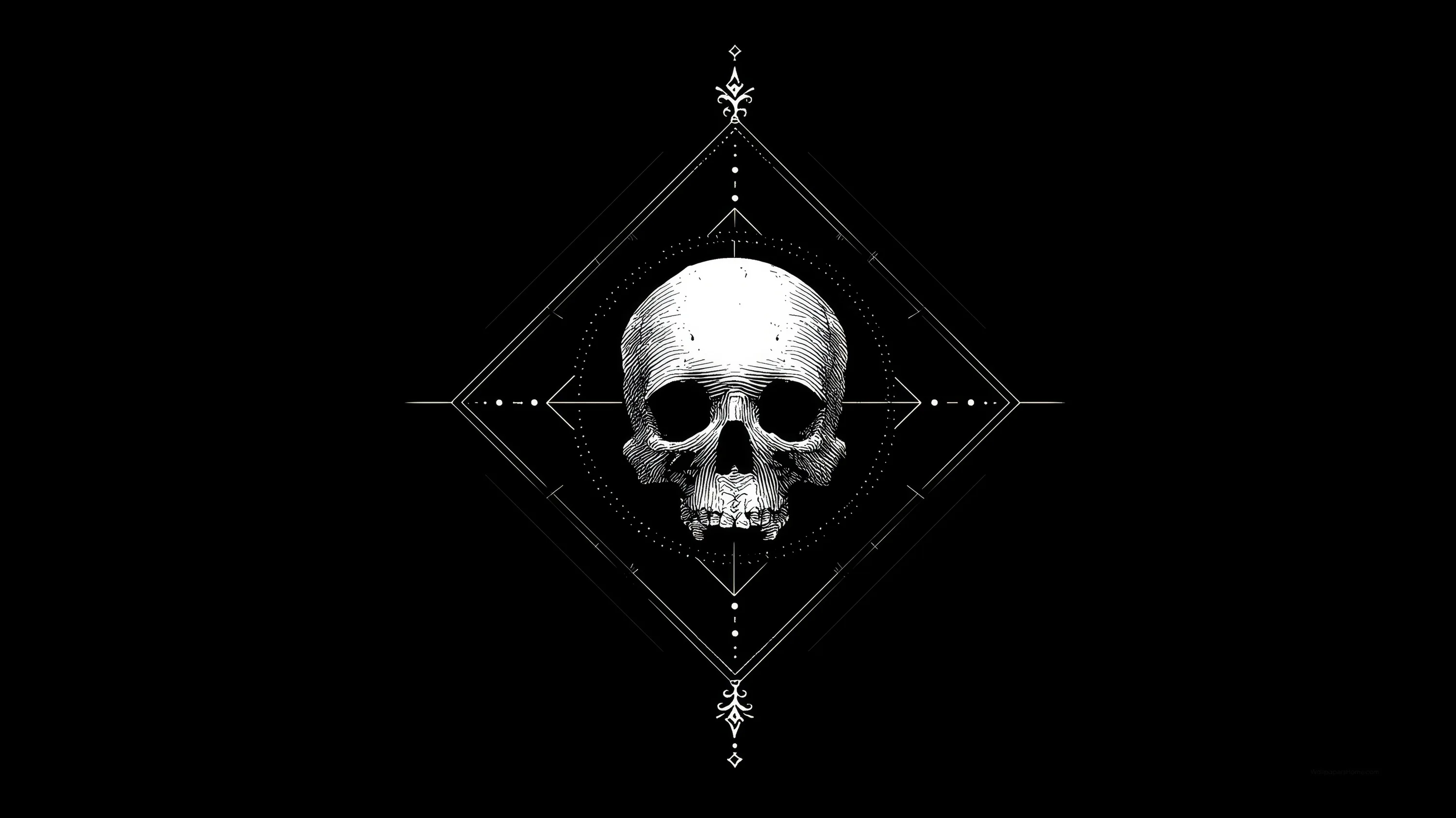A pale skull sits centred in a thin diamond frame with arrows and small symbols above and below, everything else left in flat black.