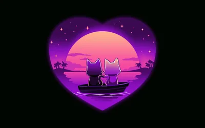 Two cats sit tail to tail in a small boat inside a heart-shaped window, a purple sunset and palm trees filling the cut-out.