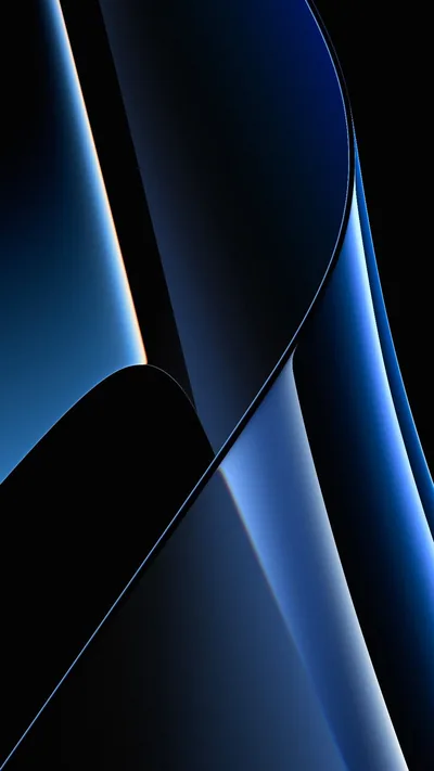 Two polished sheets curve past each other, one catching a cold steel-blue sheen while the other stays black, meeting along a sharp seam.