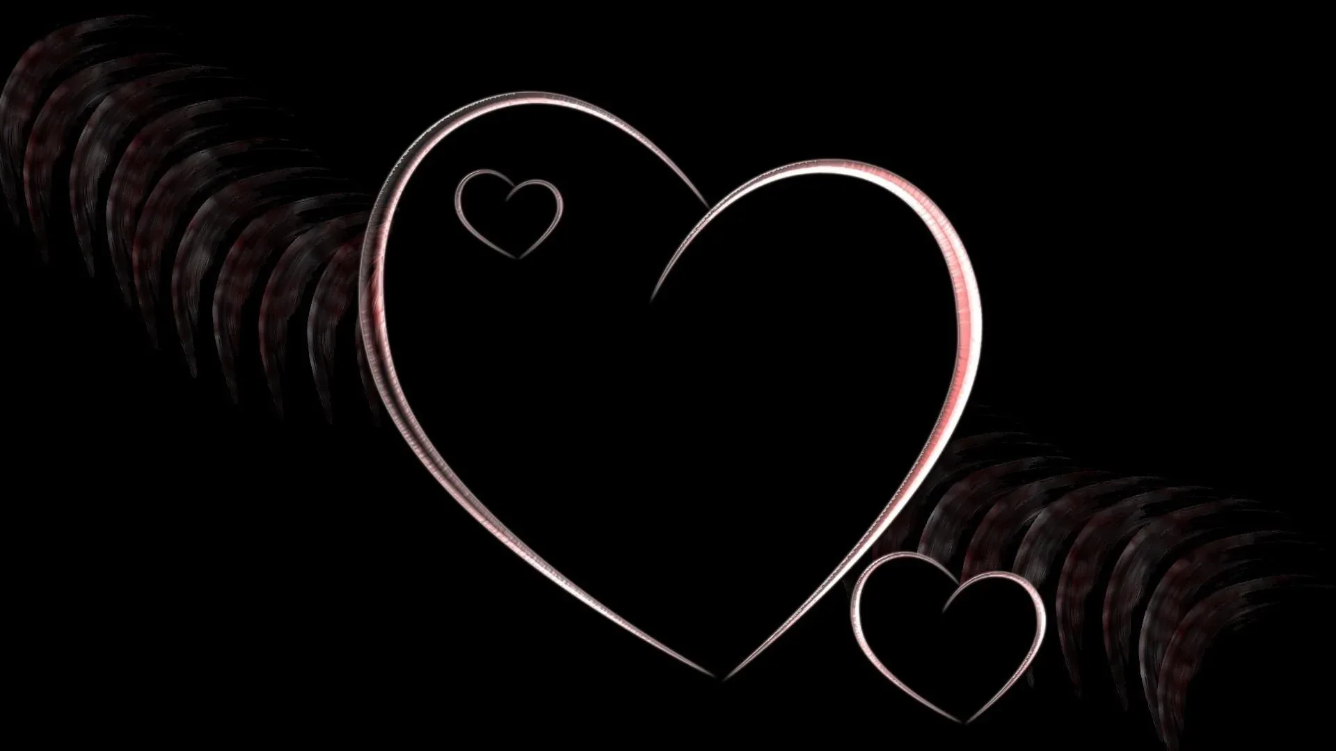 Three heart outlines drawn in pale pink light sit against black, a rippled dark band running horizontally behind the largest one.