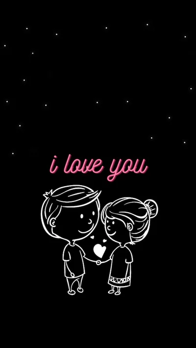 Two chalk-drawn children stand side by side holding a small heart, pink lettering above them and a few stars on the black sky.