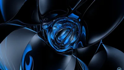Rounded black forms crowd the frame in 3D, opening at the centre onto a knot of blue glass lit from within.