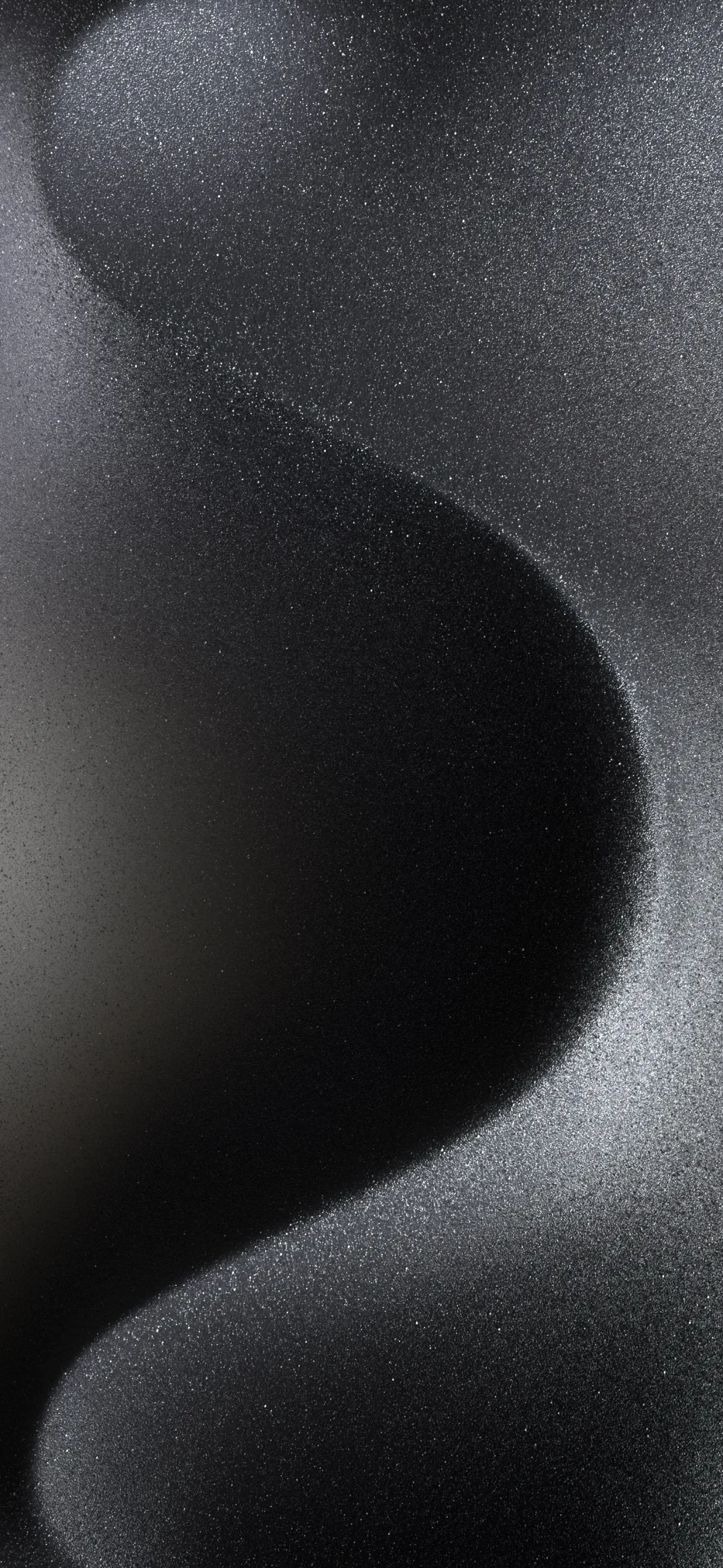 A wide S-shaped band of grainy grey sweeps down the tall frame, its edges dissolving into black at the top left and bottom right.