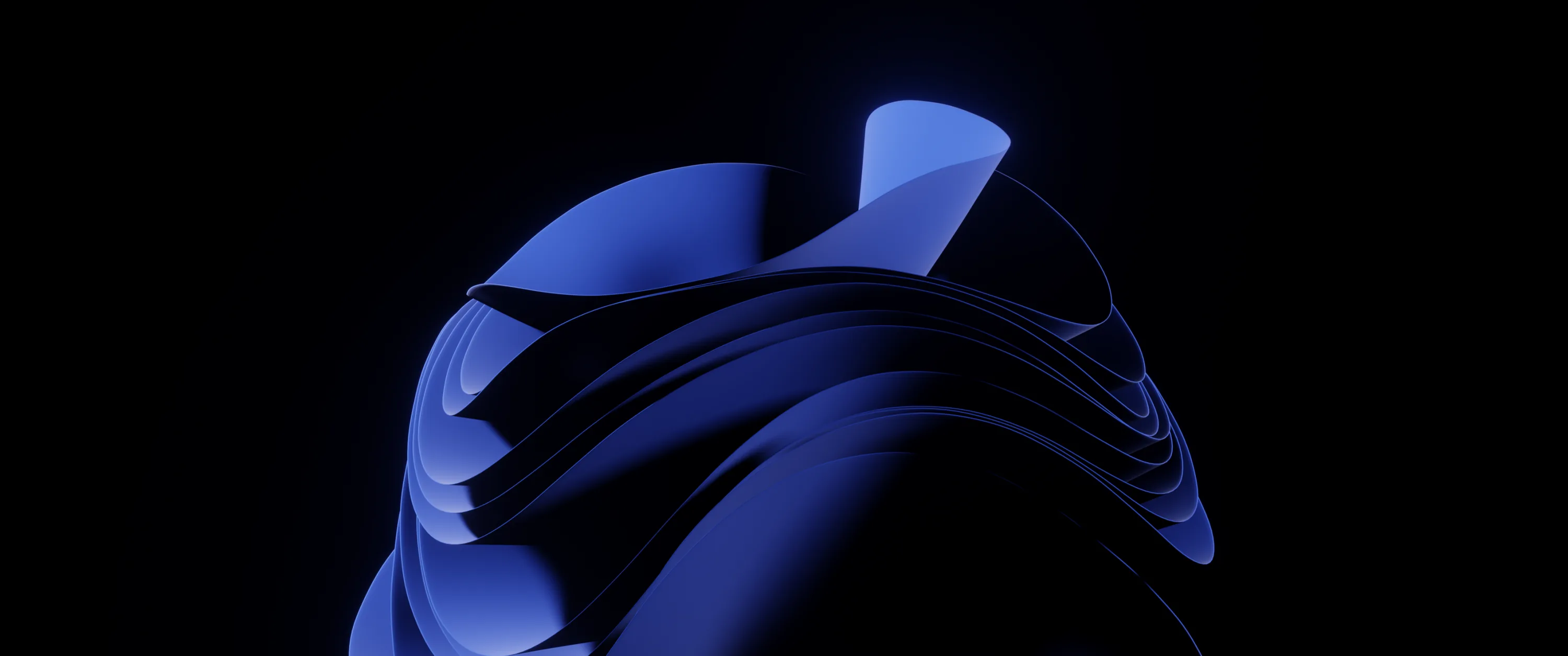 A single curled shape in cobalt and steel blue floats slightly left of centre, the rest of the frame left as flat black space.