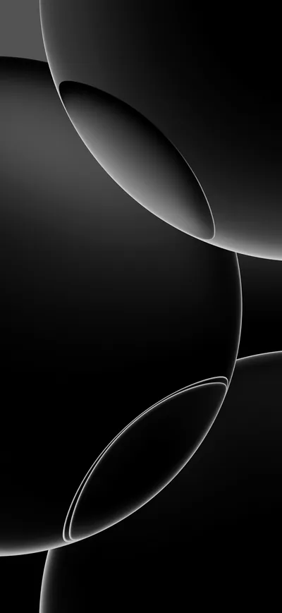 Large black spheres cross a tall frame, each one outlined by a thin curve of light where it meets the next.