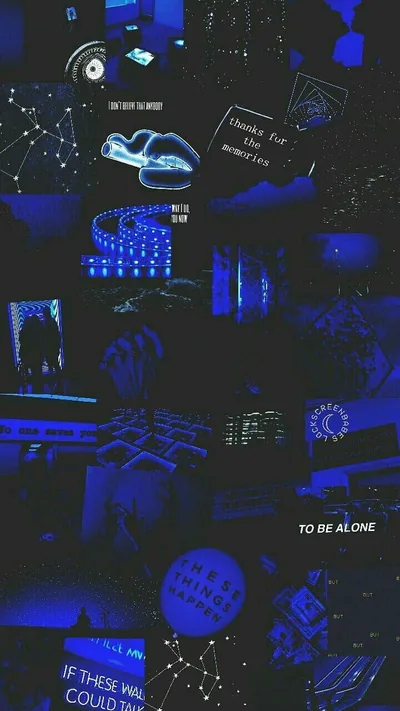 Small tiles of night photos, constellations and typed quote cards tiled edge to edge under one heavy blue colour cast.