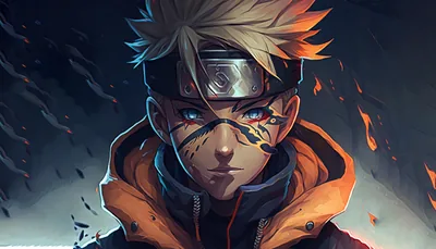 Naruto stares straight ahead in his orange hood, whisker marks and blue eyes lit from the front while embers drift through the dark blue-grey behind him.