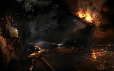 Flames tear through a rooftop in the upper right of this game-style night scene, while the street and stone wall below stay almost fully black.