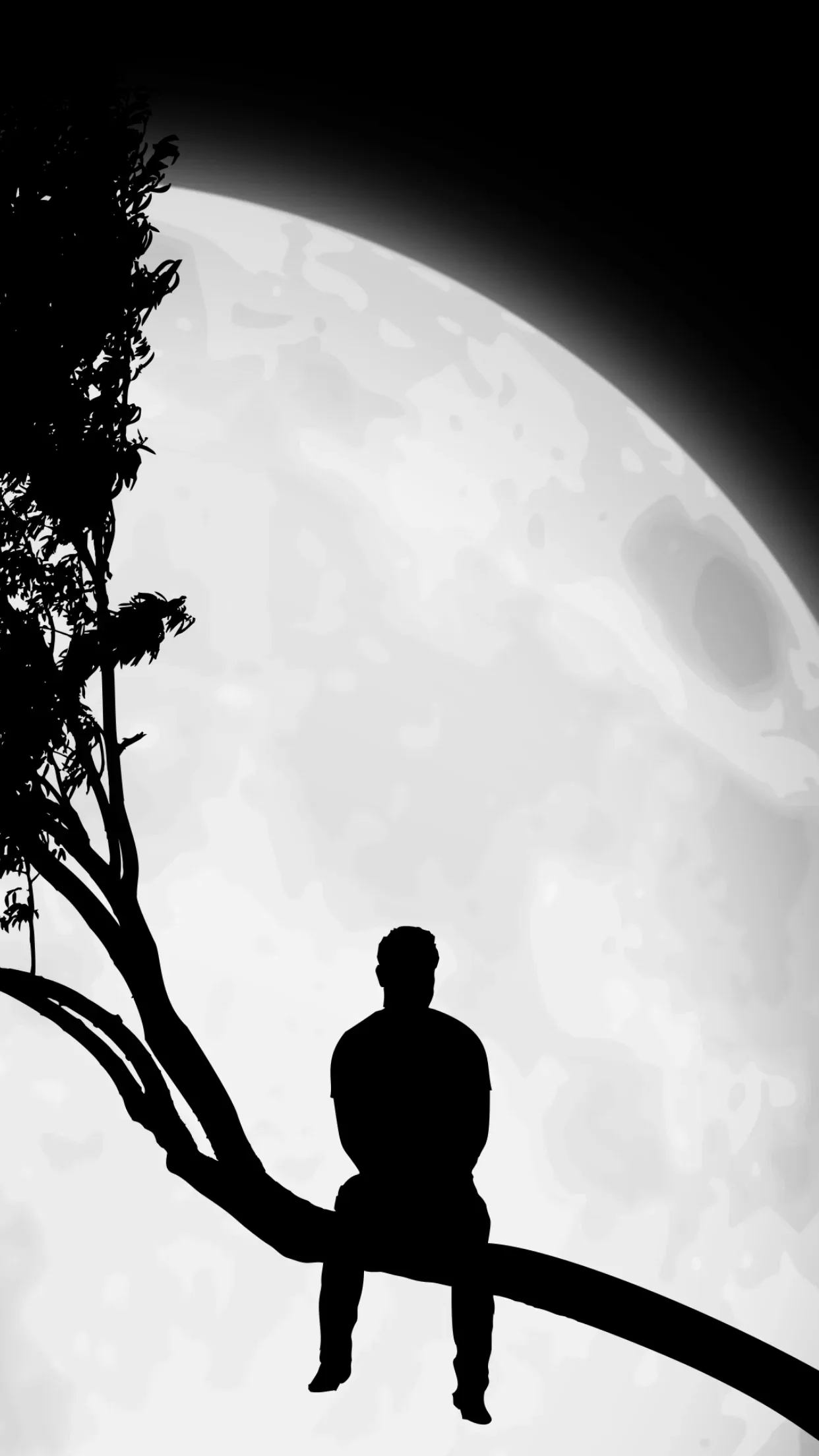 From a curving branch a man sits in full silhouette against the moon's white disc, the portrait's lower quarter falling to solid black below him.