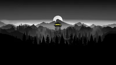 A lookout tower stands on a forested ridge with a pale moon behind it and grey hills layered beyond.
