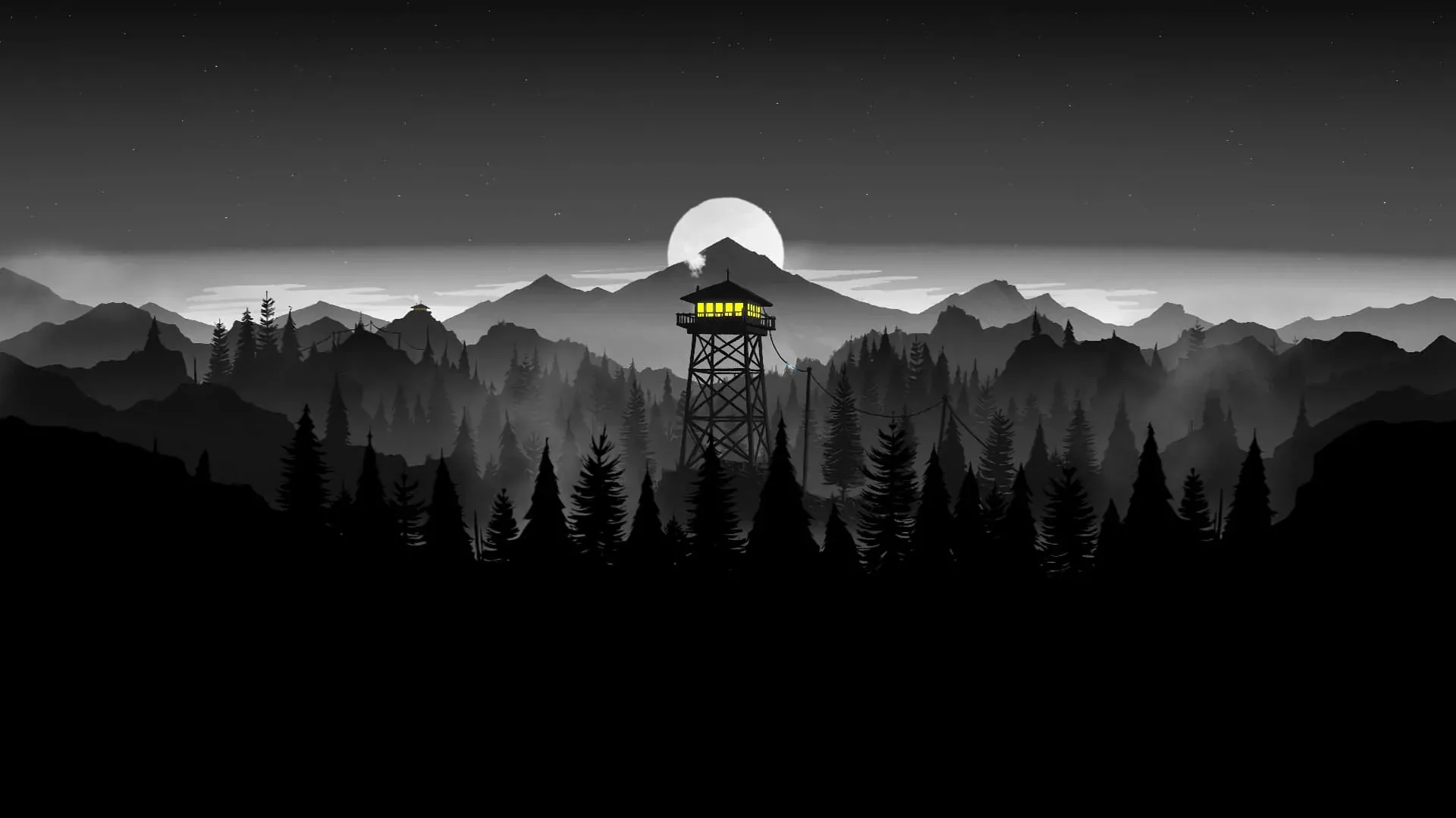A lookout tower stands on a forested ridge with a pale moon behind it and grey hills layered beyond.
