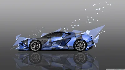 A Le Mans-style prototype shown in profile, its body split into blue crystal facets that drift off toward the top of a plain grey background.