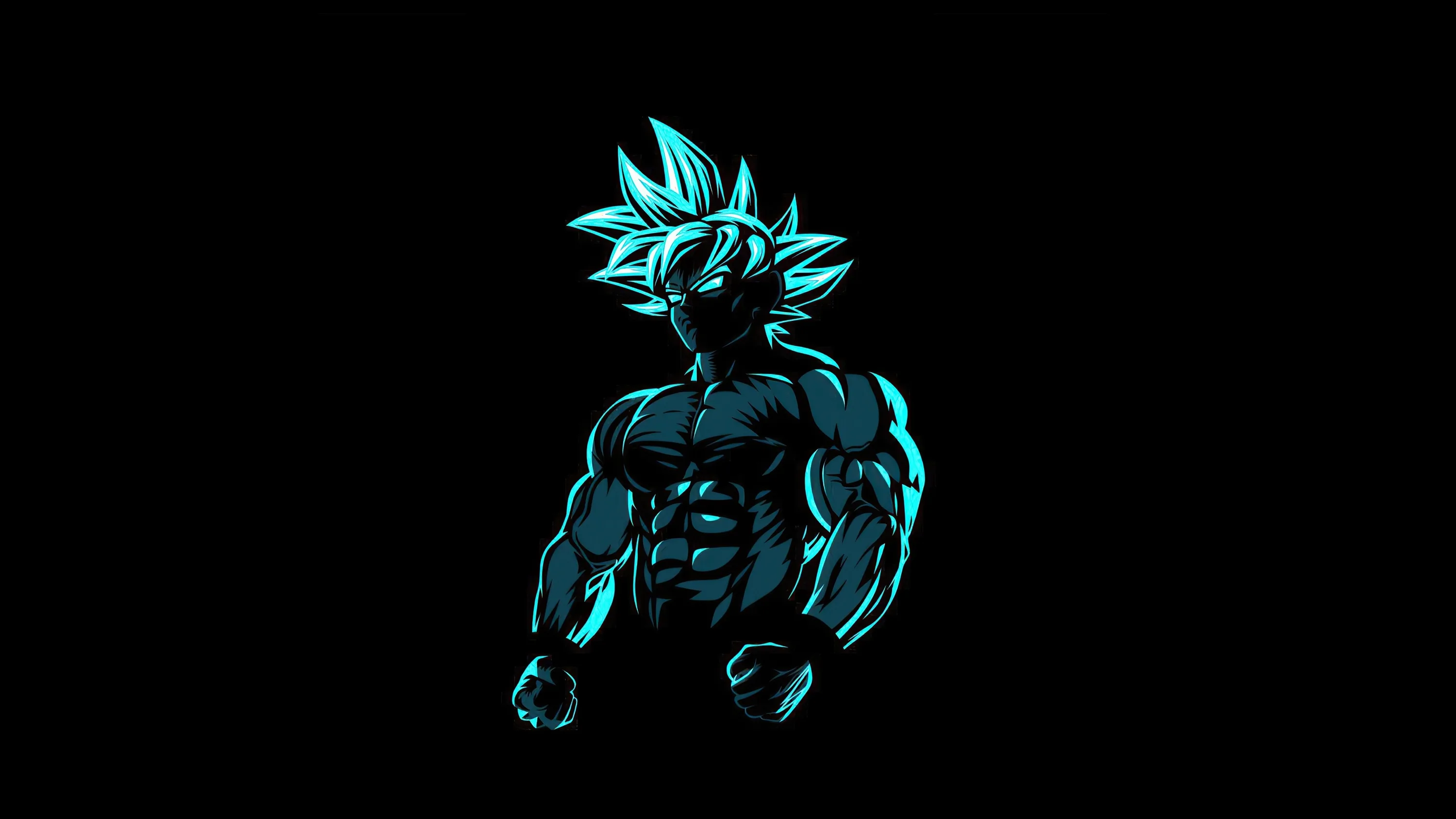 A powered-up fighter with spiked hair stands centred on black, the whole body traced in glowing cyan neon lines with no fill.