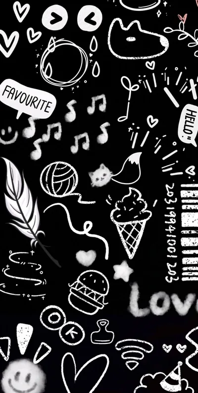 Hand-drawn hearts, cassettes, an ice cream cone and a barcode scatter in white chalk lines across a solid black phone-shaped field.